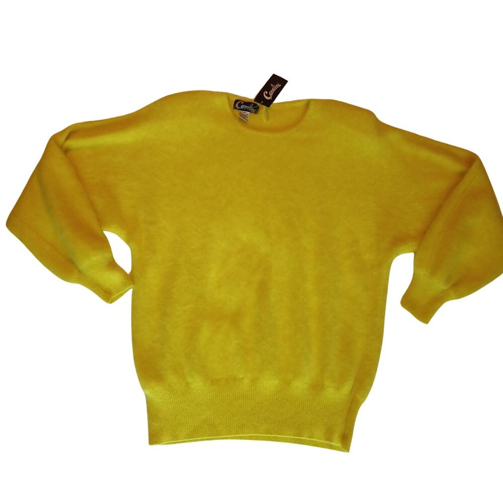 Cavalini Vintage 1980s Yellow Mohair Fuzzy Sweater Shoulder Pads New Old Stock L